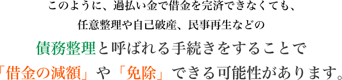 このように、過払い金で借金を完済できなくても、任意整理や自己破産、民事再生などの債務整理と呼ばれる手続きをすることで「借金の減額」や「免除」できる可能性があります。
